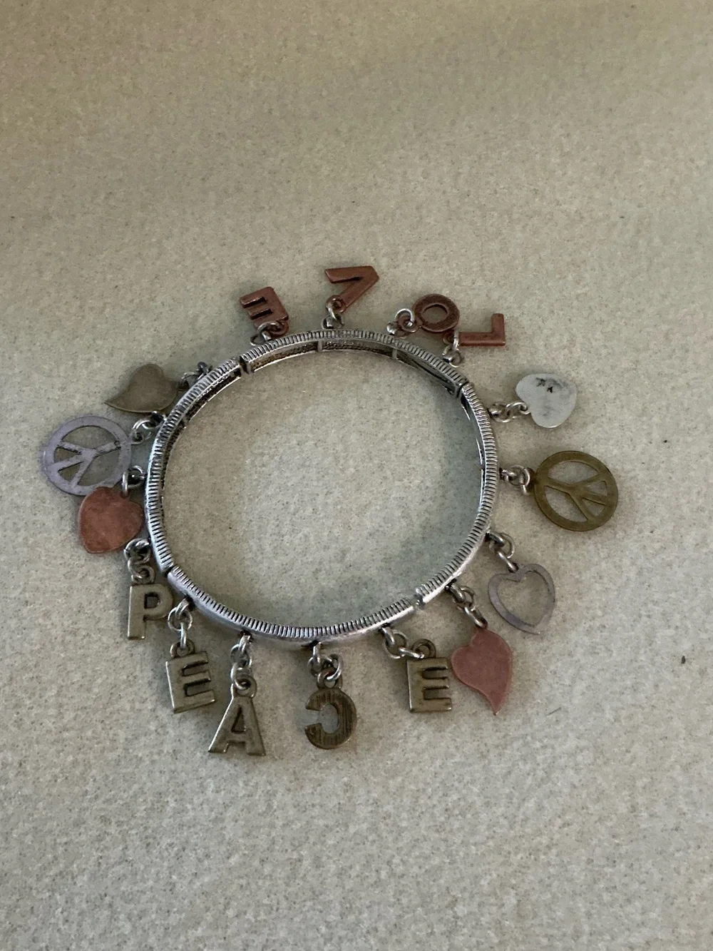 Silver-Tone Charm Bracelet with Mixed Metal Hearts & Peace Signs - Unbranded
